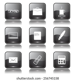 Office Work Square Vector Black Button Icon Design Set