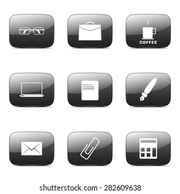 Office Work Square Vector Black Button Icon Design Set