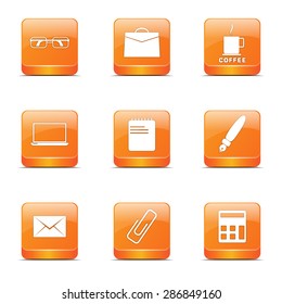 Office Work Square Vector Orange Icon Design Set