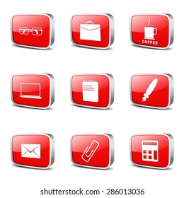 Office Work Square Vector Red Icon Design Set