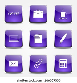 Office Work Square Vector Violet Icon Design Set