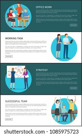 Office work and strategy web pages set with text sample woman giving presentation on whiteboard, full of thoughts, new creative ideas vector illustration