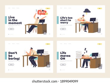 Office work stress, inactive and lazy workers. Set of landing pages with managers on workplace bored, sleeping and procrastinating. Flat vector illustration