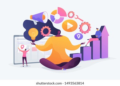 Office work stress relief exercise. Woman sitting in lotus yoga pose. Self-management, self regulation learning, self-organization course concept. Vector isolated concept creative illustration