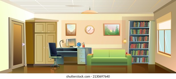 Office for work and study. Work desk with armchair and PC computer. Sofa book shelves. Cozy room. Cartoon funny style illustration. Vector.