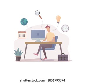 Office Work and study at home. A man works on the computer. Flat Vector illustration.