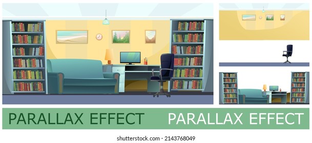 Office for work and study. Image from layers for overlay with parallax effect. Work desk with armchair and PC computer. Sofa book shelves. Cozy room. Cartoon funny style Horizontal illustration