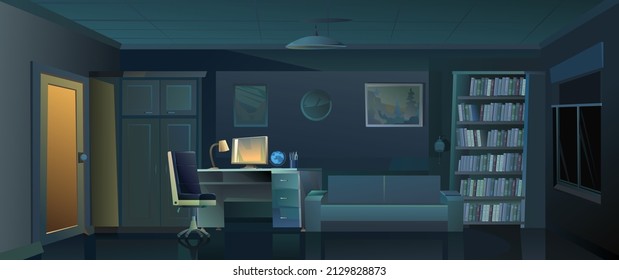 Office for work and study in nighttime. Work desk with armchair and PC computer. Sofa book shelves. Cozy room. Cartoon funny style illustration. Vector.