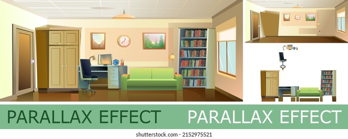 Office for work and study with parallax effect. Work desk with armchair and PC computer. Sofa book shelves. Cozy room. Cartoon funny style illustration. Vector.