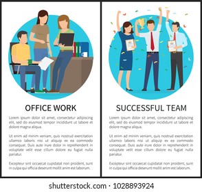 Office work and successful team, collection of placards with headings and text sample, people with certificates, set isolated on vector illustration