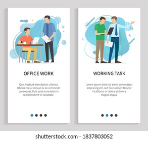 Office work and task solution vector. Working employees with laptop management decision, manager checks paperwork, colleagues busy at job. Website or slider app, landing page flat style
