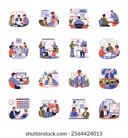 Office Work and Team Collaboration Flat Illustrations
