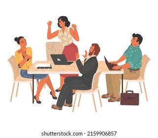 Office Work Team Conflict Vector. Angry Female Boss Shouting On Colleague Disagree With Argument Failure And Misunderstanding. Bad Business Environment, Stress And Job Trouble