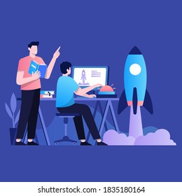 Büroarbeit, Teamarbeit, Unternehmensanalyse, Arbeit, Start-up, Zusammenarbeit, Geschäftsentwicklung, Business-Arbeit. Farbige Vektorgrafik