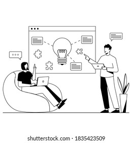 Office work, teamwork, business analysis, work, startup, collaboration, business development, business work. Black and white line vector illustration