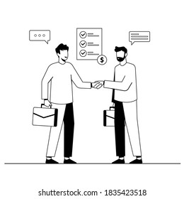 Office work, teamwork, business analysis, work, startup, collaboration, business development, business work. Black and white line vector illustration