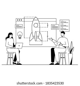 Trabajo de oficina, trabajo en equipo, análisis de negocios, trabajo, inicio, colaboración, desarrollo de negocios, trabajo de negocios. Ilustración vectorial de línea blanca y negra