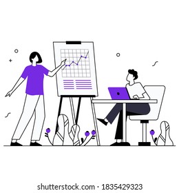 Office work, teamwork, business analysis, work, startup, collaboration, business development, business work. Line vector illustration