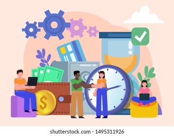 Office work, time, financial management. Group of people stand near big watches, safe, money, cash. Flat design vector illustration
