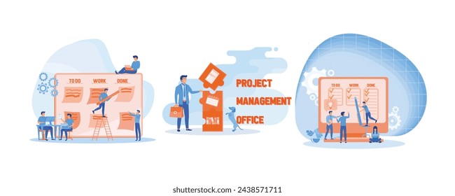 Office work and time management. Project Management Office acronym.  Agile visual project management method. Set flat vector modern illustration 