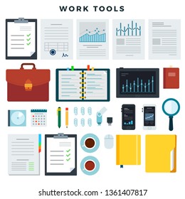 Office work tools. Paperwork and business work elements, set. Mobile devices, documents, data carriers, stationery for different types of office job. Vector illustration, isolated on white.