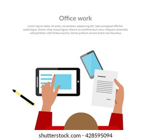 Office work top view banner design. Woman working with papers in one hand a piece of paper with the data, and the other indicates a digital tablet. Banner or poster for website. Vector illustration