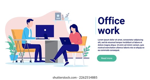 Office work - Two people, man and woman with computers working together at desk sitting in chair. Flat design vector illustration with copy space for text and white background