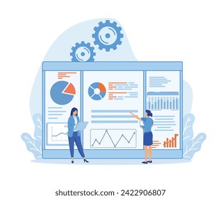 office work two woman are studying the infographic, the analysis of the evolutionary scale. flat vector modern illustration 