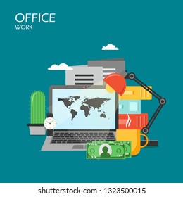 Office work vector flat style design illustration. Laptop with world map on screen, cactus, cup of tea, desk lamp, folders, watch, paper money. Modern office workplace, workspace poster, banner.