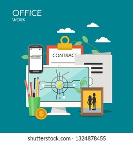 Office work vector flat style design illustration. Desktop computer, smartphone, clipboard with contract form, stationery, photo in frame. Office workspace poster, banner.