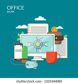 Office work vector flat style design illustration. Desktop computer, smartphone, mouse, purse with dollar coin, notepad, cactus and cup of tea. Office workplace poster, banner.