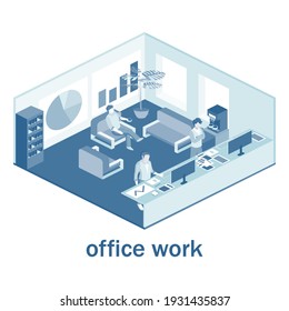 Trabajo de oficina. Ilustración vectorial. El concepto de trabajo de los empleados de la oficina. Forma isométrica. En tonos verdes.
