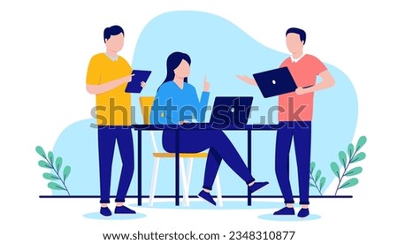 Office work vector - Illustration of team of three people at work with computers talking and having conversation about business and project. Flat design with white background