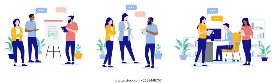 Office work vector illustrations - Collection of people standing, working and talking together in workplace. Flat design with white background