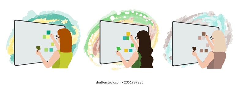 Office work vector illustrations. Planning, analysis, business plan concept. Businesswoman sticking adhesive notes on whiteboard in office.
