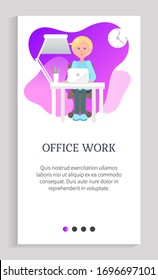 Office work vector, man with assignments to complete, computer programmer by workplace, interior of working space of programmer, application. Website slider app template, landing page flat style