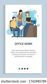 Office work vector, man and woman discussing problems, team with papers and analytics, stats on documents and papers in hand of female person. Website or app slider template, landing page flat style