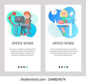 Office work vector, people working sitting by tables with supplies and gadgets for tasks fulfillment, workers with laptop computer documentation. Website or slider app, landing page flat style