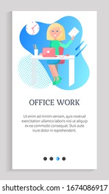 Office work vector, person sitting by table with computer with stats and analysis of working tasks, secretary at workplace with desk clock on wall. Website slider app template, landing page flat style