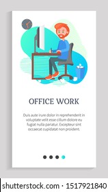 Office work vector, person writing on papers and throwing them away, process of creation of unique content, male with computer working hard. Website or app slider template, landing page flat style