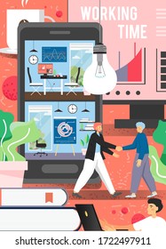 Office work vector poster template. Huge smartphone, computer with workplace, charts on screens, office people meeting, shaking hands, working on laptop computer, flat style design illustration.