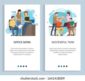 Vector de trabajo de oficina, decisiones de equipo exitosas y solución para proyectos empresariales, lluvia de ideas de hombres y mujeres con computadoras portátiles y documentos. Sitio web o App deslizante, estilo plano de la página de destino