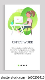 Office work vector, woman at working place listening to music and doing tasks and assignments lady wearing headphones looking at screen of laptop. Website slider app template, landing page flat style
