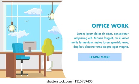 Office Work Web Page Vector Template. Contemporary Workspace Decor. Flat Illustration, Text Space. Table, Flower, Window, Chair, Computer. Designing Company Website, Landing Page. Web Banner Concept