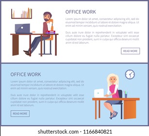 Office work web posters set with man resting at workplace and woman typing on computer, vector workers sitting on chairs at table, banner with text sample