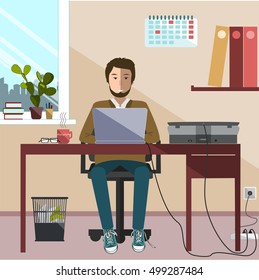 Office work. Office worker at desk in office room. Flat design concept for web banners, web sites, printed materials, infographics. Creative vector illustration