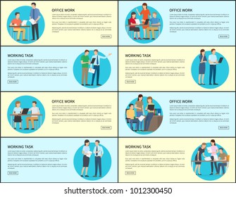 Office work and working task, collection of web pages with text sample and headlines, images of people doing job, isolated on vector illustration