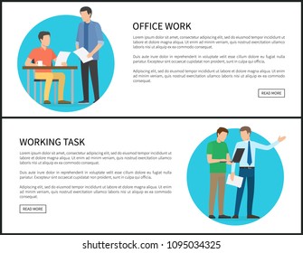 Office work and working task Internet banners set. Businessmen discuss affairs on promo posters. Comunication process isolated vector illustrations.