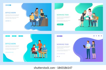Office work and working task landing page template set, man and woman sitting at desktop holding papers or documents, business team making report in office. Website or webpage flat vector style