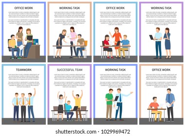 Office work and working task, teamwork and successful team, collection of posters with people doing their job, text and headines vector illustration